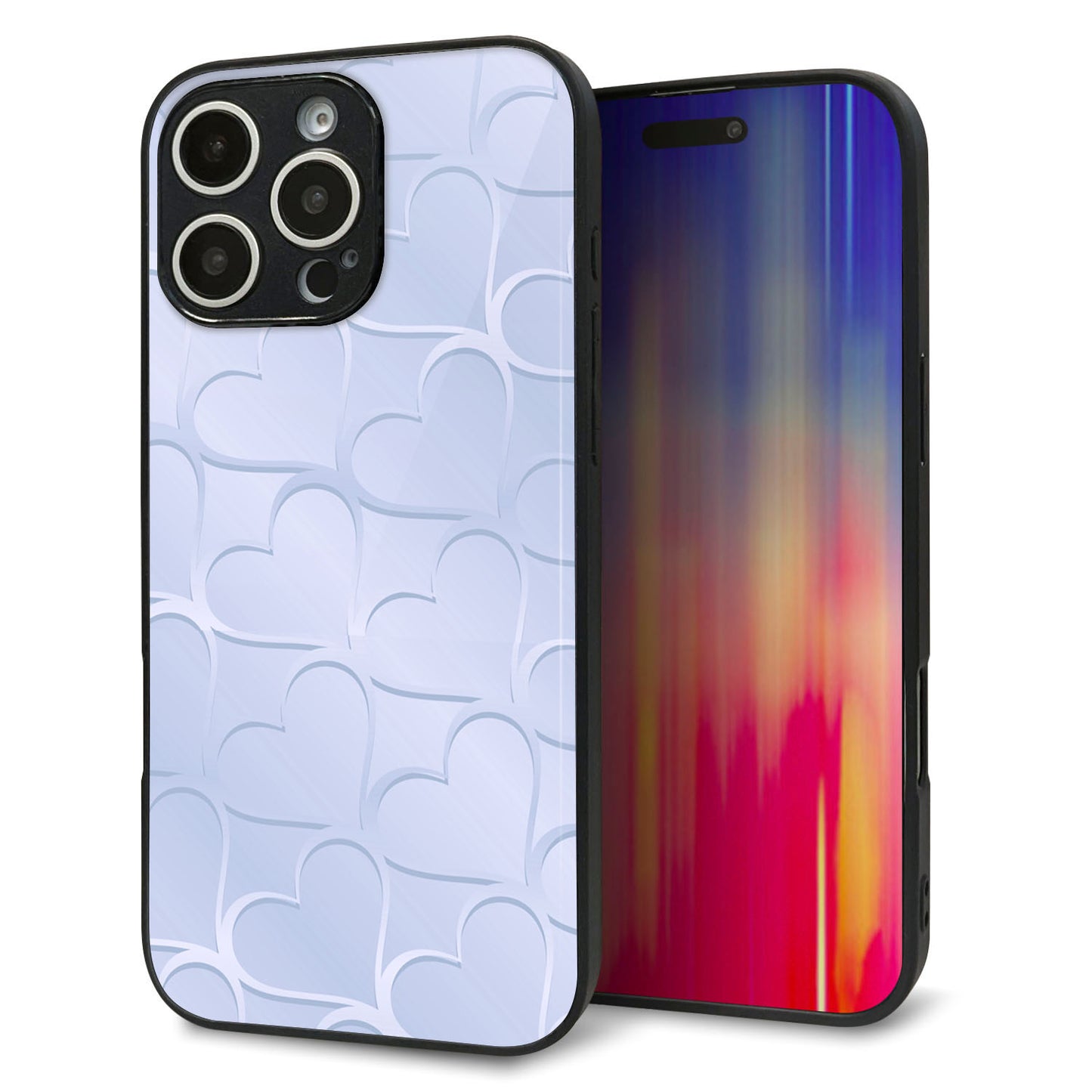 iPhone16 Pro Max 強化ガラス＆TPUスマホケース ガラプリ【1341 かくれハート（ブルー）】