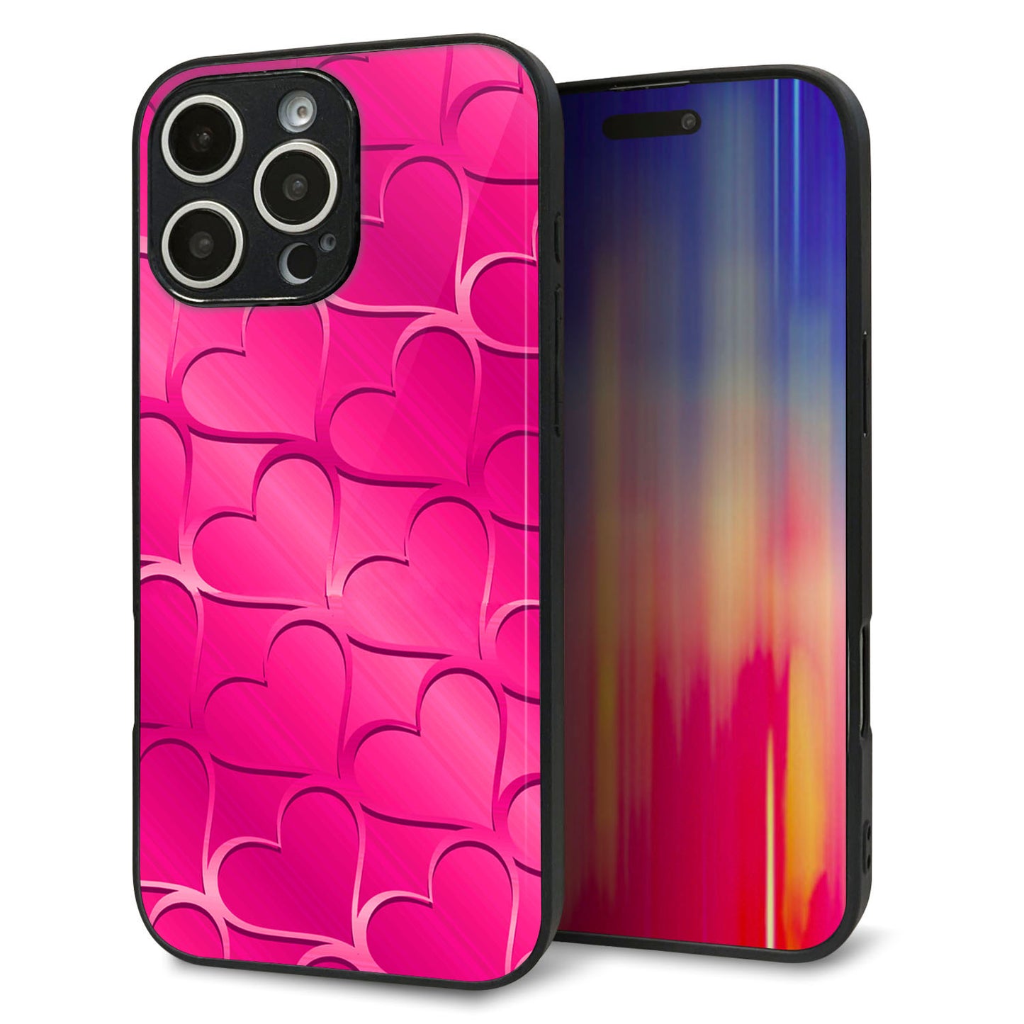 iPhone16 Pro Max 強化ガラス＆TPUスマホケース ガラプリ【1347 かくれハート（ショッキングピンク）】