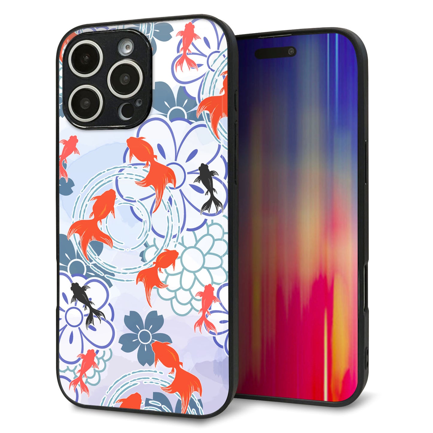 iPhone16 Pro Max 強化ガラス＆TPUスマホケース ガラプリ【HA215 金魚 花柄 ブルー】
