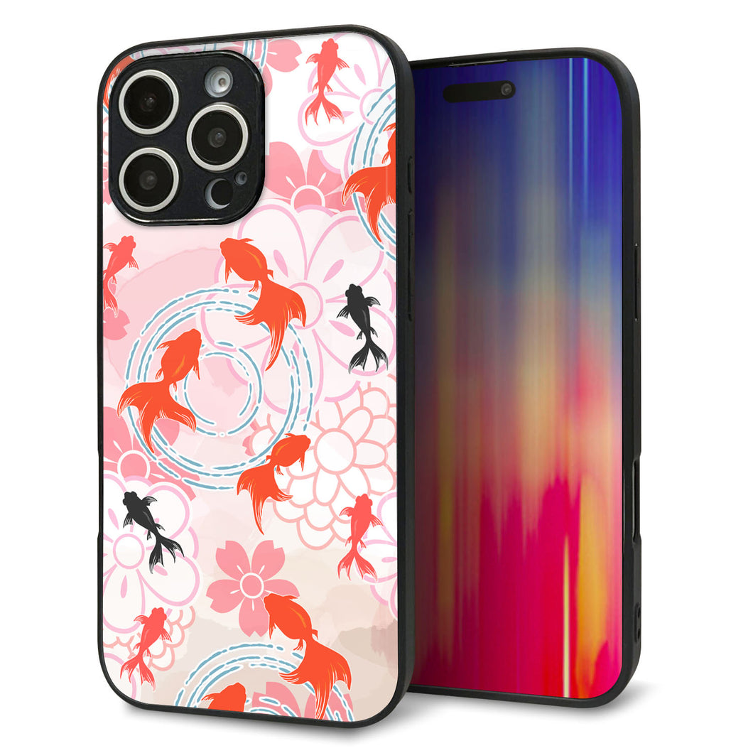 iPhone16 Pro Max 強化ガラス＆TPUスマホケース ガラプリ【HA217 金魚 花柄 ピンク】