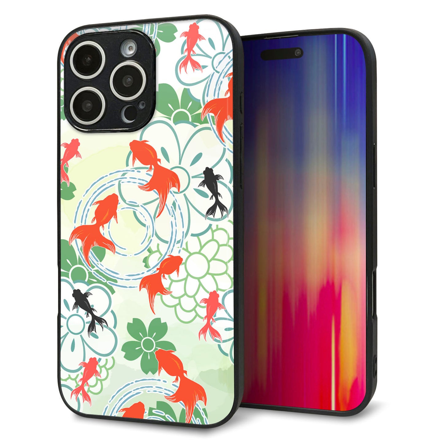 iPhone16 Pro Max 強化ガラス＆TPUスマホケース ガラプリ【HA218 金魚 花柄 グリーン】