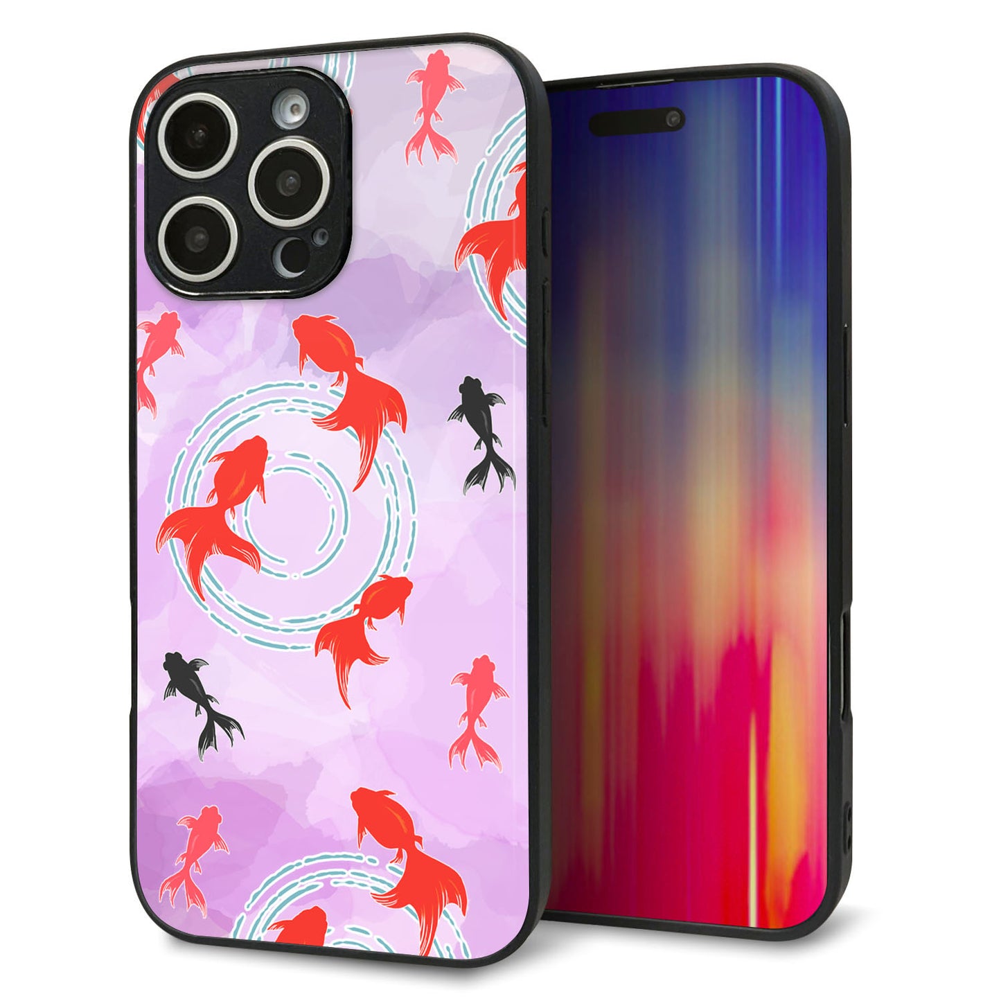 iPhone16 Pro Max 強化ガラス＆TPUスマホケース ガラプリ【HA225 金魚 水彩 パープル】