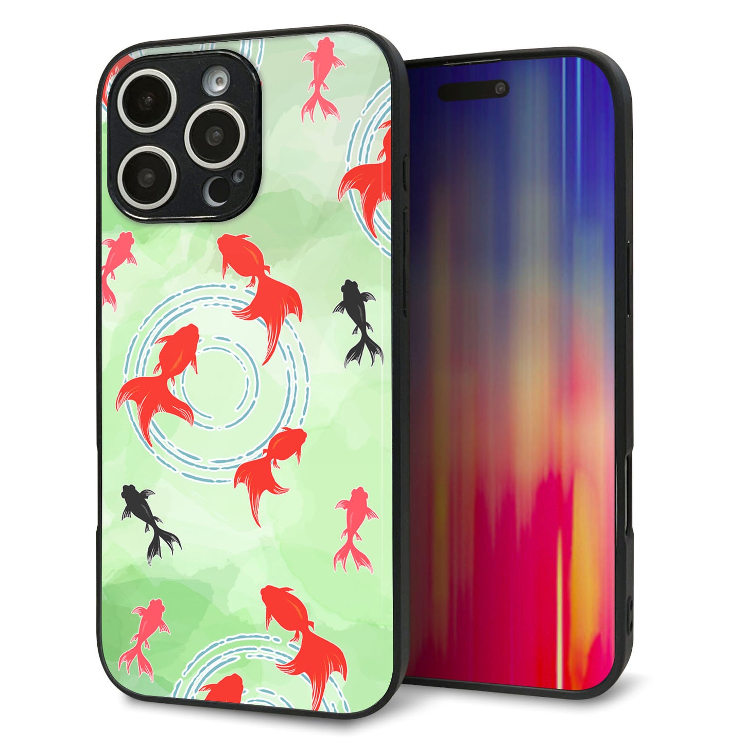 iPhone16 Pro Max 強化ガラス＆TPUスマホケース ガラプリ【HA229 金魚 水彩 グリーン】