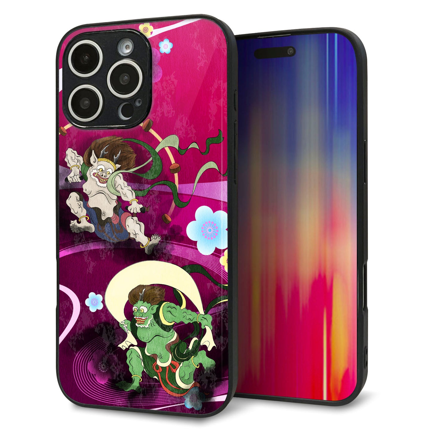 iPhone16 Pro Max 強化ガラス＆TPUスマホケース ガラプリ【HA237 風神雷神 紫の川】