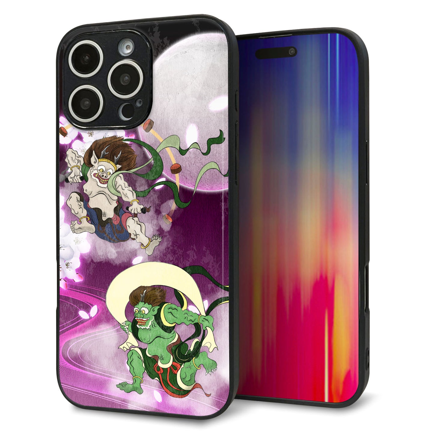 iPhone16 Pro Max 強化ガラス＆TPUスマホケース ガラプリ【HA240 風神雷神 紫の月と桜】