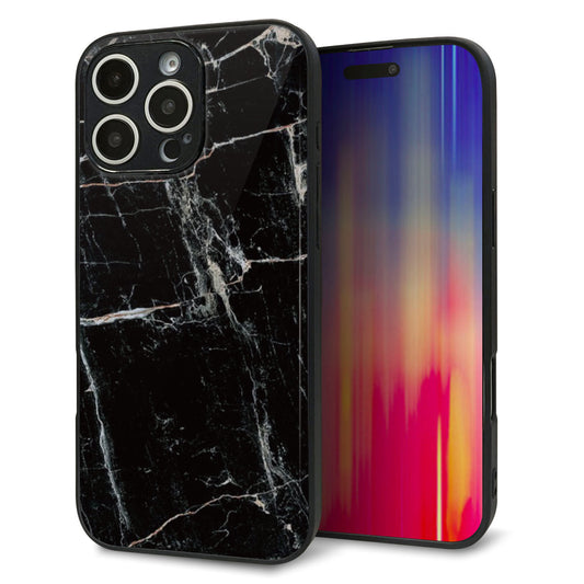iPhone16 Pro Max 強化ガラス＆TPUスマホケース ガラプリ【KM867 大理石BK】
