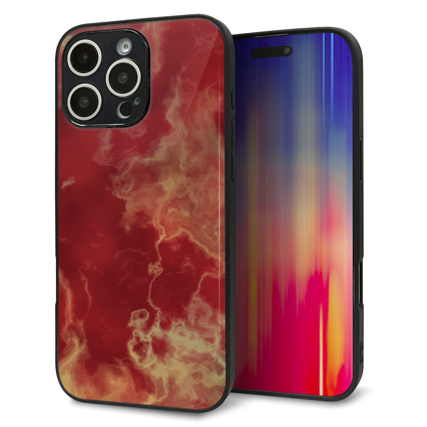 iPhone16 Pro Max 強化ガラス＆TPUスマホケース ガラプリ【KM870 大理石RD】