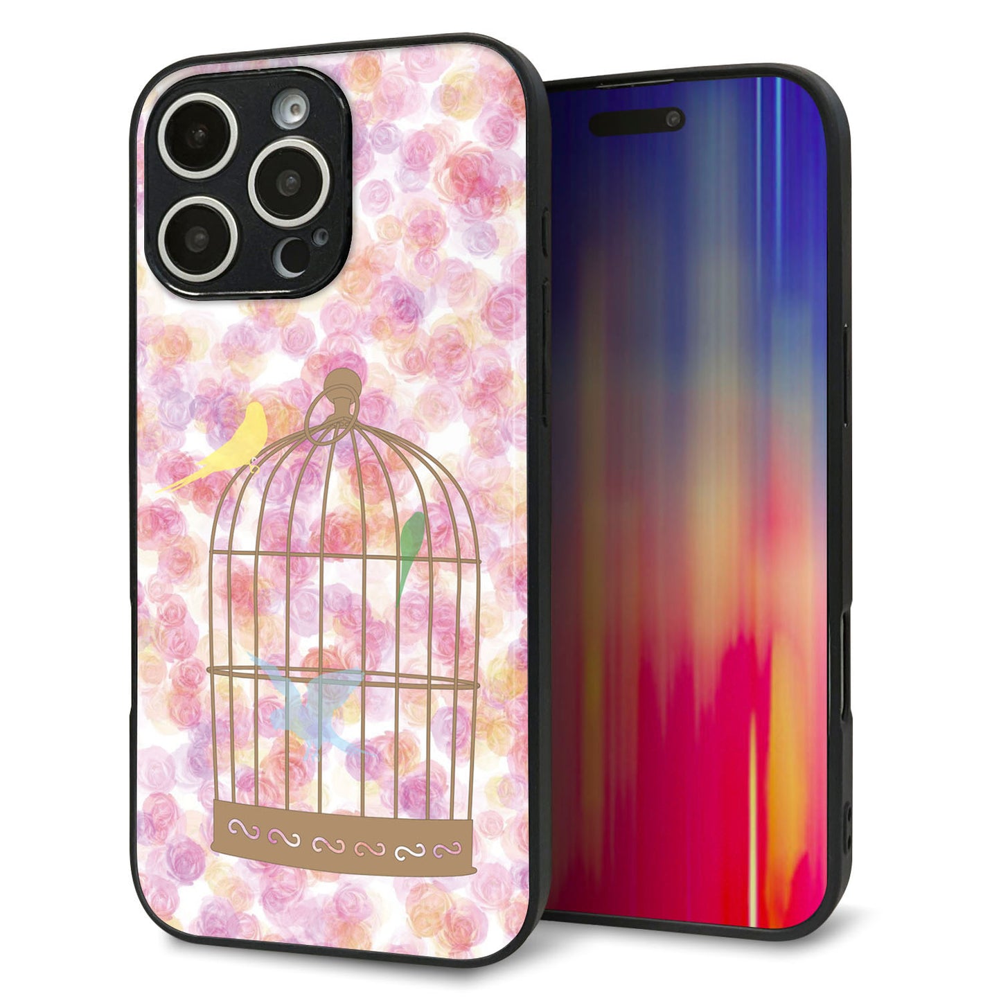 iPhone16 Pro Max 強化ガラス＆TPUスマホケース ガラプリ【KM882 鳥かご】