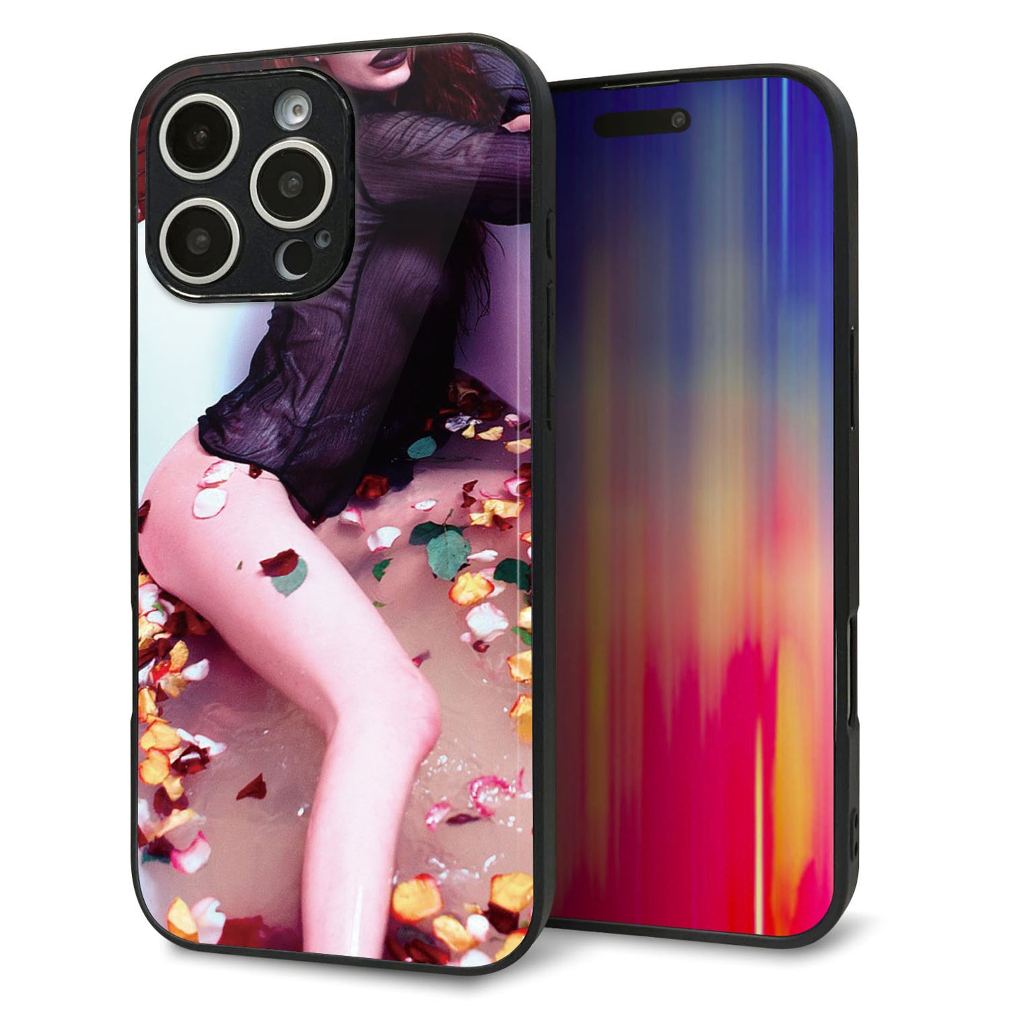 iPhone16 Pro Max 強化ガラス＆TPUスマホケース ガラプリ【KM885 バラ風呂】