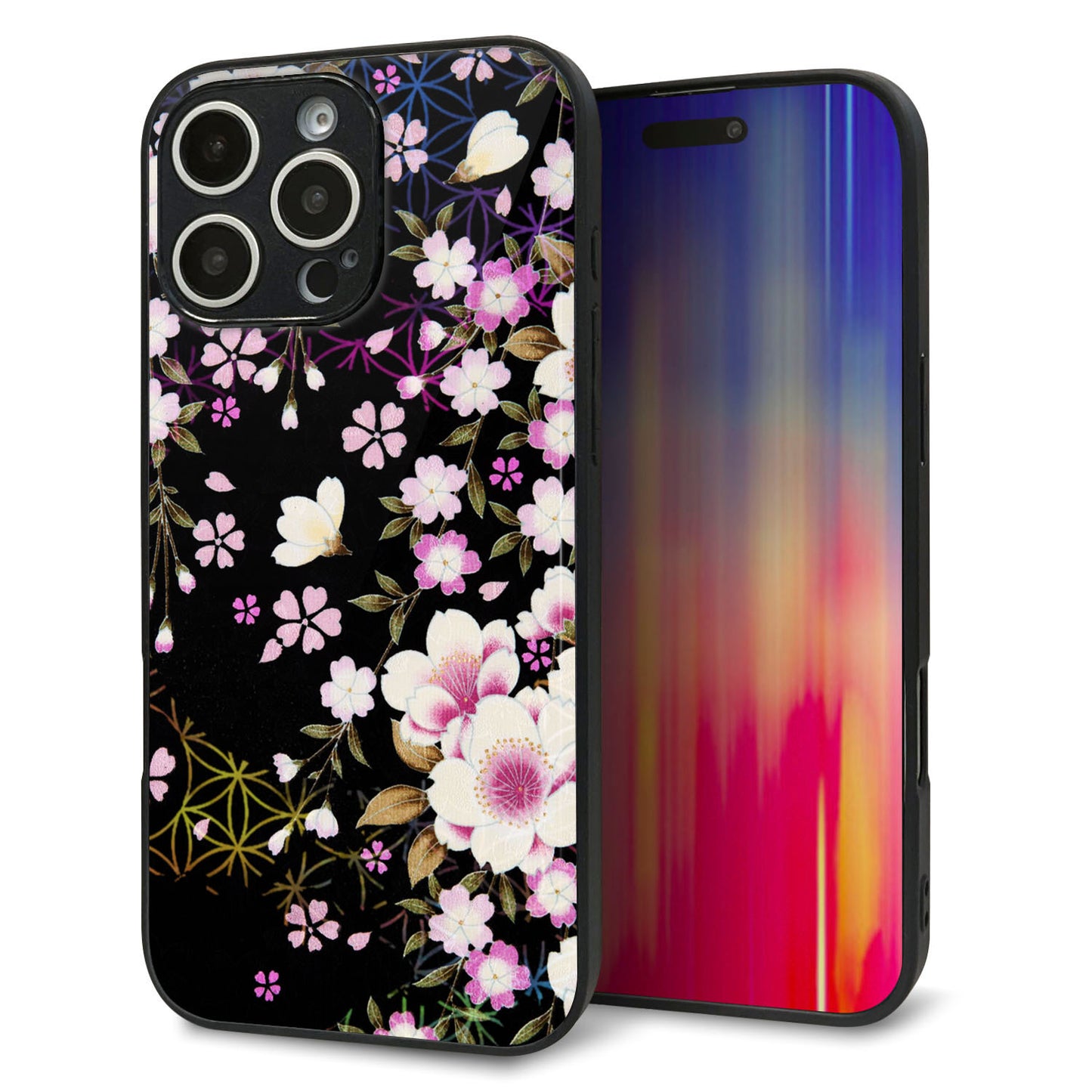 iPhone16 Pro Max 強化ガラス＆TPUスマホケース ガラプリ【MA961 和柄 花 C】