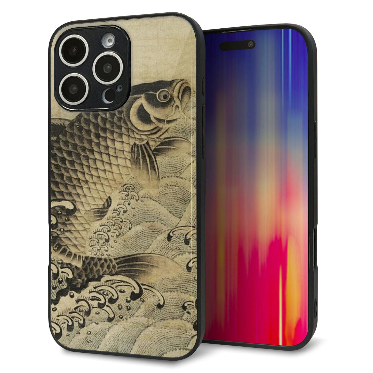 iPhone16 Pro Max 強化ガラス＆TPUスマホケース ガラプリ【MA970 和柄 鶴鯉 B】