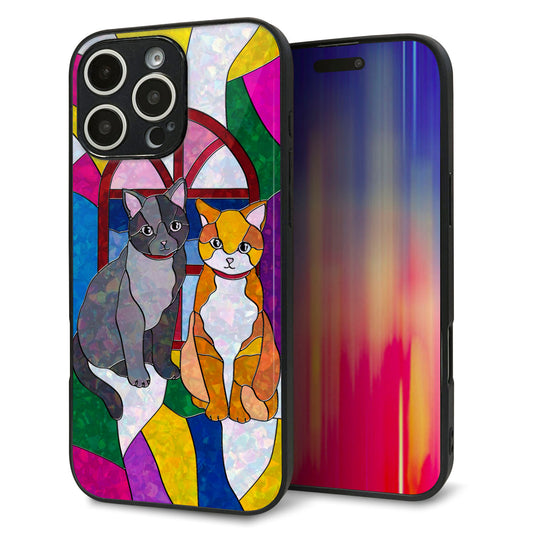 iPhone16 Pro Max 強化ガラス＆TPUスマホケース ガラプリ【MA995 ステンドグラス ネコ】