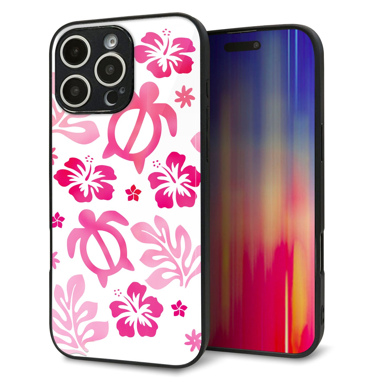 iPhone16 Pro Max 強化ガラス＆TPUスマホケース ガラプリ【SC879 ハワイアンアロハホヌ（ピンク）】