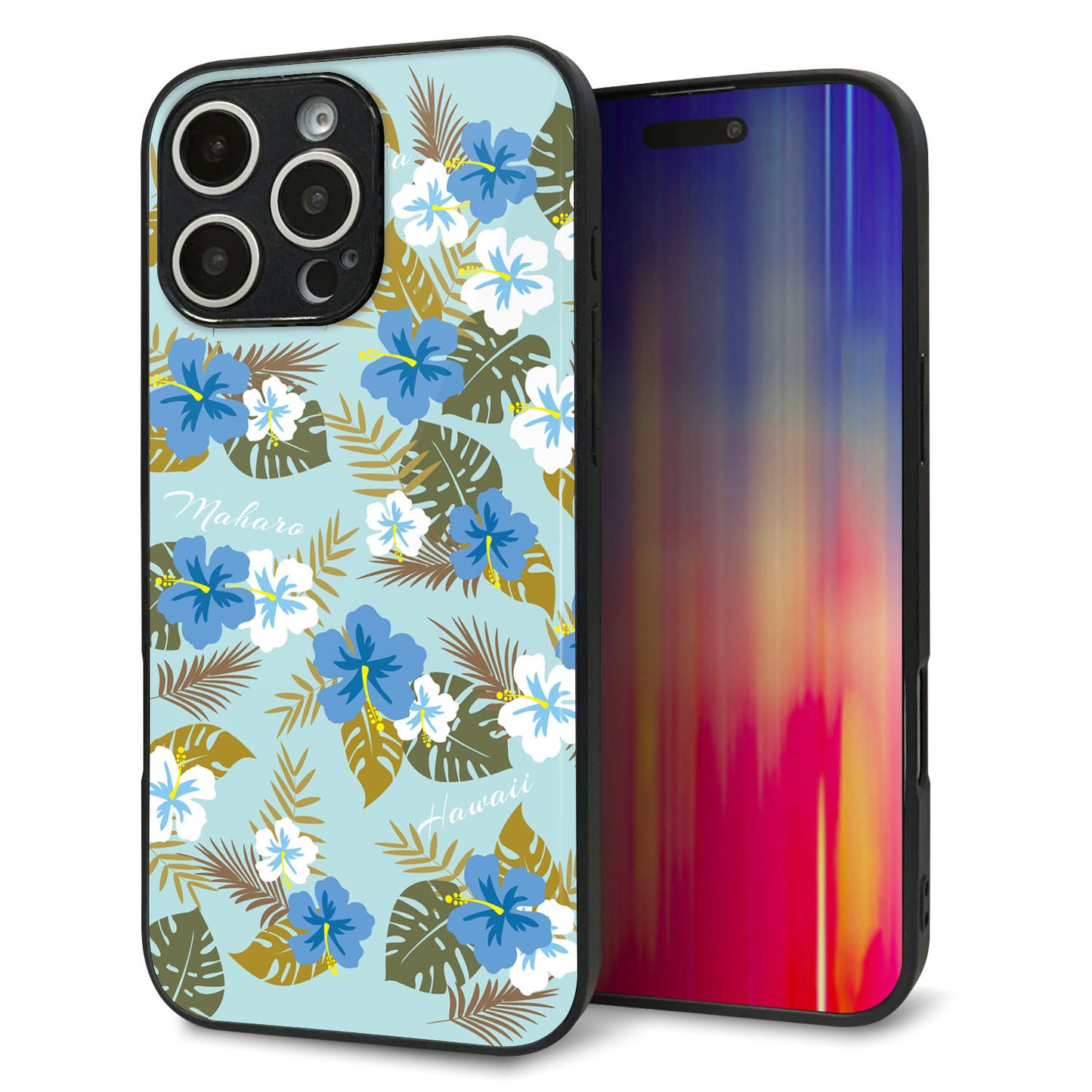 iPhone16 Pro Max 強化ガラス＆TPUスマホケース ガラプリ【SC883 ハワイアンアロハレトロ（ブルー）】