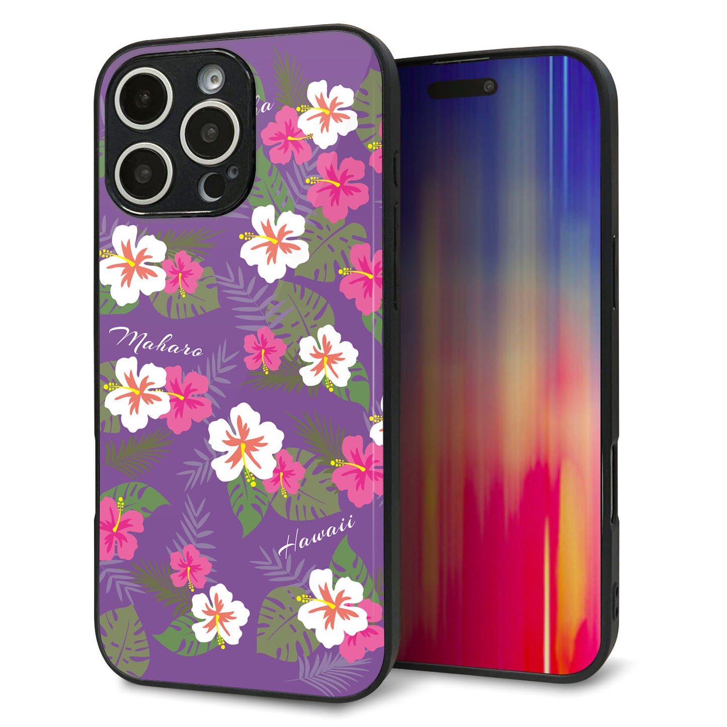 iPhone16 Pro Max 強化ガラス＆TPUスマホケース ガラプリ【SC886 ハワイアンアロハレトロ（パープル）】