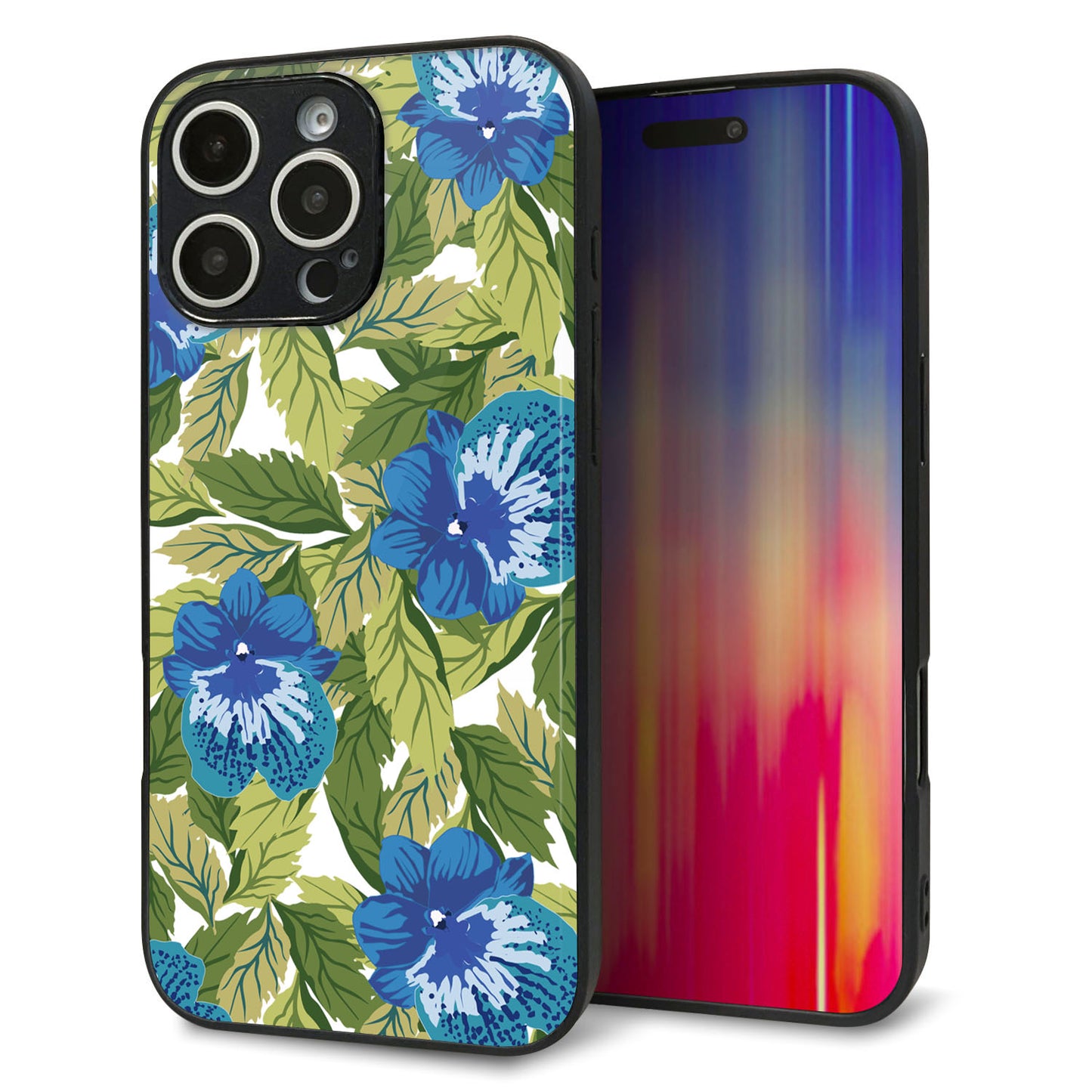 iPhone16 Pro Max 強化ガラス＆TPUスマホケース ガラプリ【SC896 ボタニカル ブルー＆リーフ】