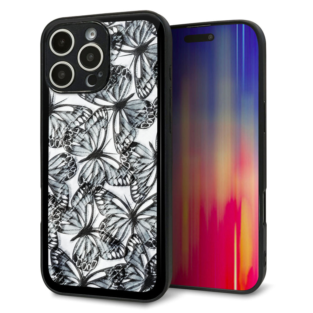iPhone16 Pro Max 強化ガラス＆TPUスマホケース ガラプリ【SC905 ガーデンバタフライ ブラック】