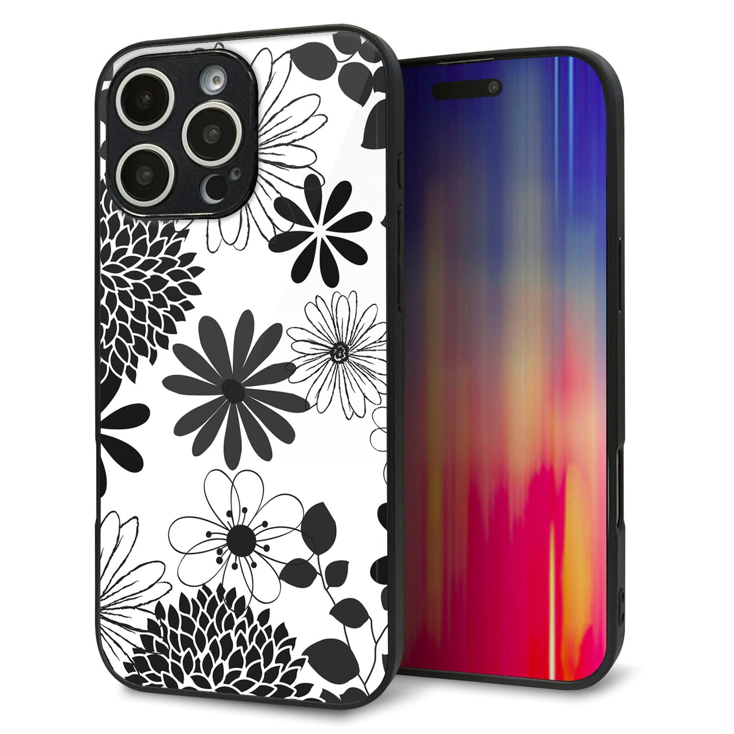 iPhone16 Pro Max 強化ガラス＆TPUスマホケース ガラプリ【SC912 花柄モノトーン 01】