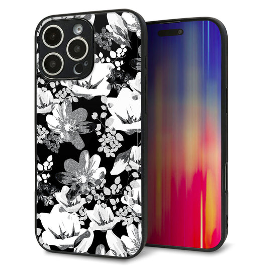 iPhone16 Pro Max 強化ガラス＆TPUスマホケース ガラプリ【SC913 花柄モノトーン 02】