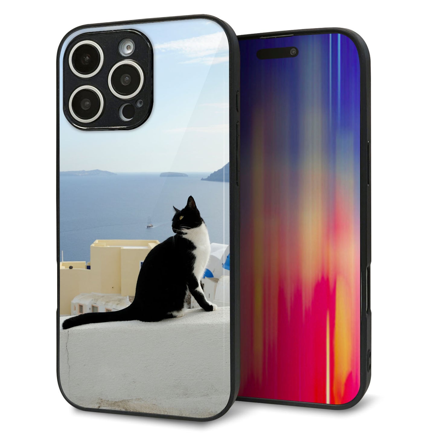 iPhone16 Pro Max 強化ガラス＆TPUスマホケース ガラプリ【VA805 ネコと地中海】