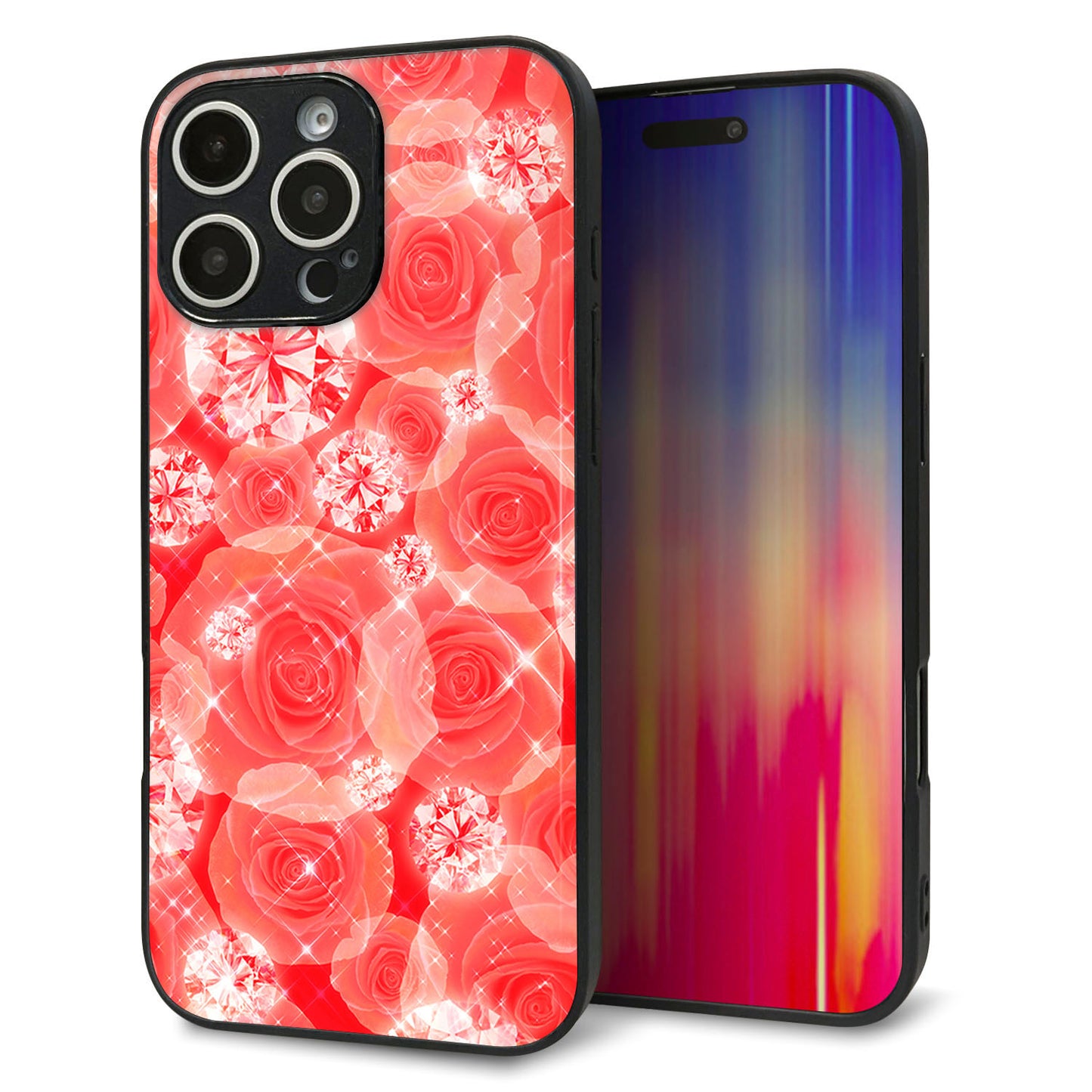 iPhone16 Pro Max 強化ガラス＆TPUスマホケース ガラプリ【VA816 ダイヤモンドとバラ】