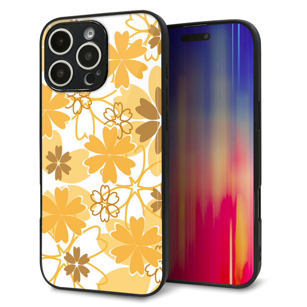 iPhone16 Pro Max 強化ガラス＆TPUスマホケース ガラプリ【VA959 重なり合う花 オレンジ】