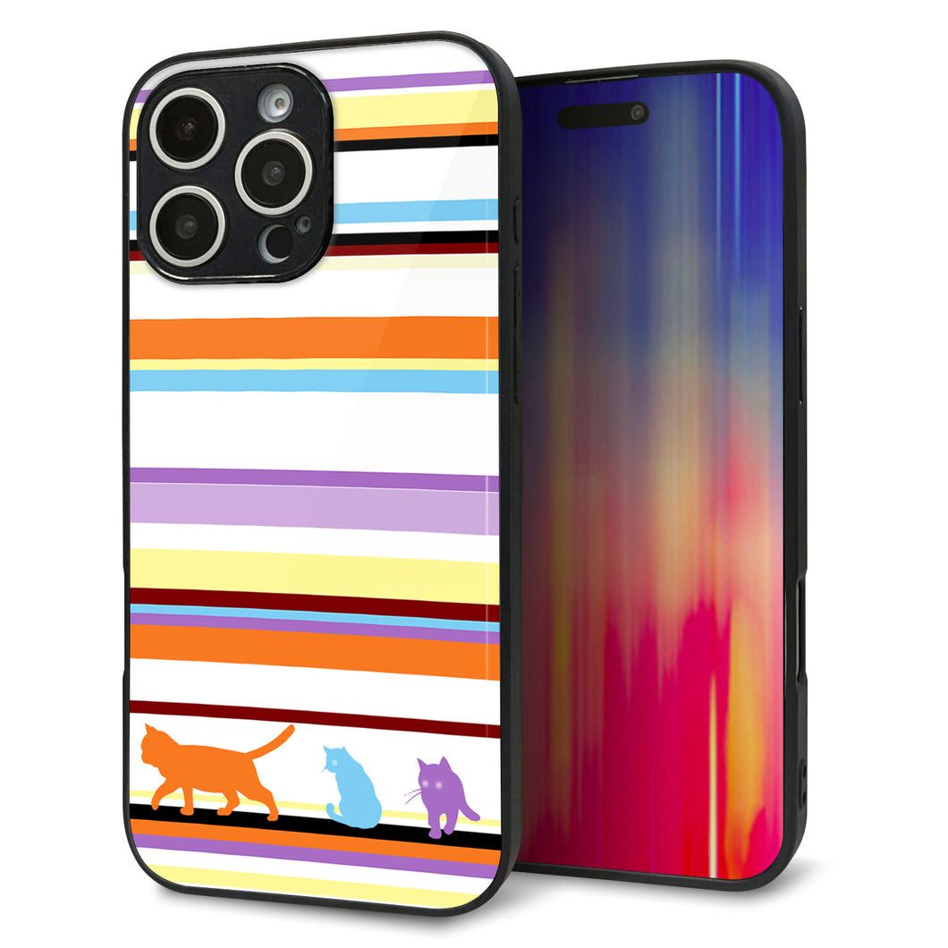 iPhone16 Pro Max 強化ガラス＆TPUスマホケース ガラプリ【YA887 ストライプネコ01】