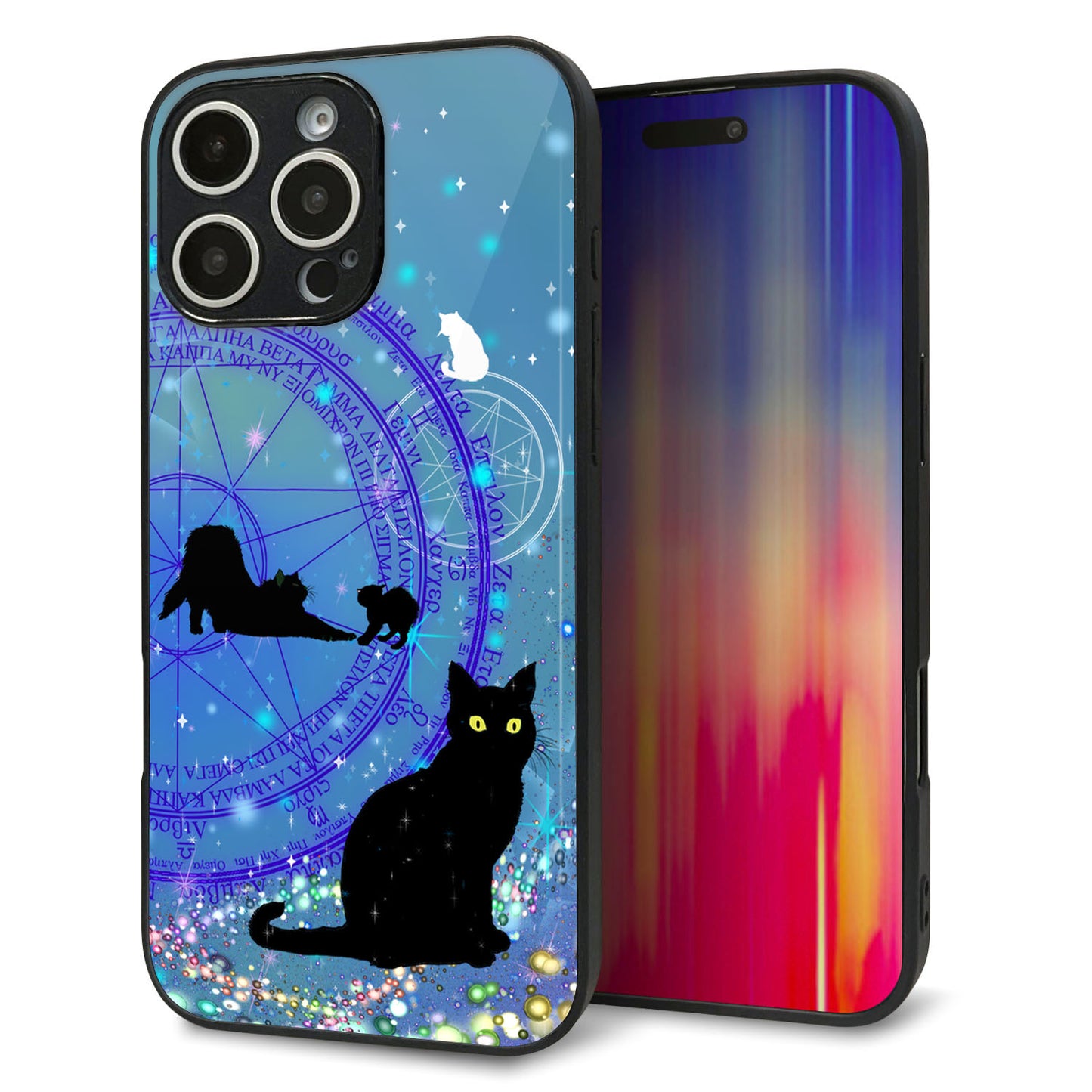 iPhone16 Pro Max 強化ガラス＆TPUスマホケース ガラプリ【YJ327 魔法陣猫 キラキラ かわいい】