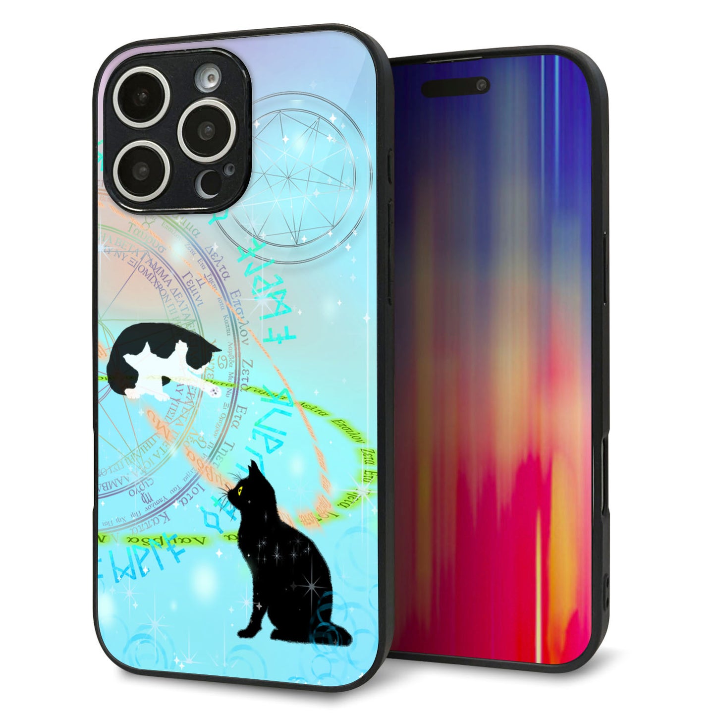 iPhone16 Pro Max 強化ガラス＆TPUスマホケース ガラプリ【YJ329 魔法陣猫 キラキラ パステル】