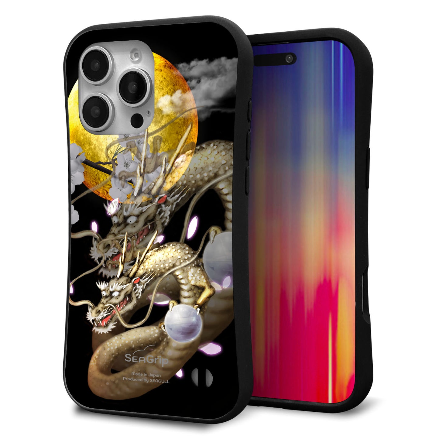 iPhone16 Pro Max スマホケース 「SEA Grip」 グリップケース Sライン 【1003 月と龍】 UV印刷