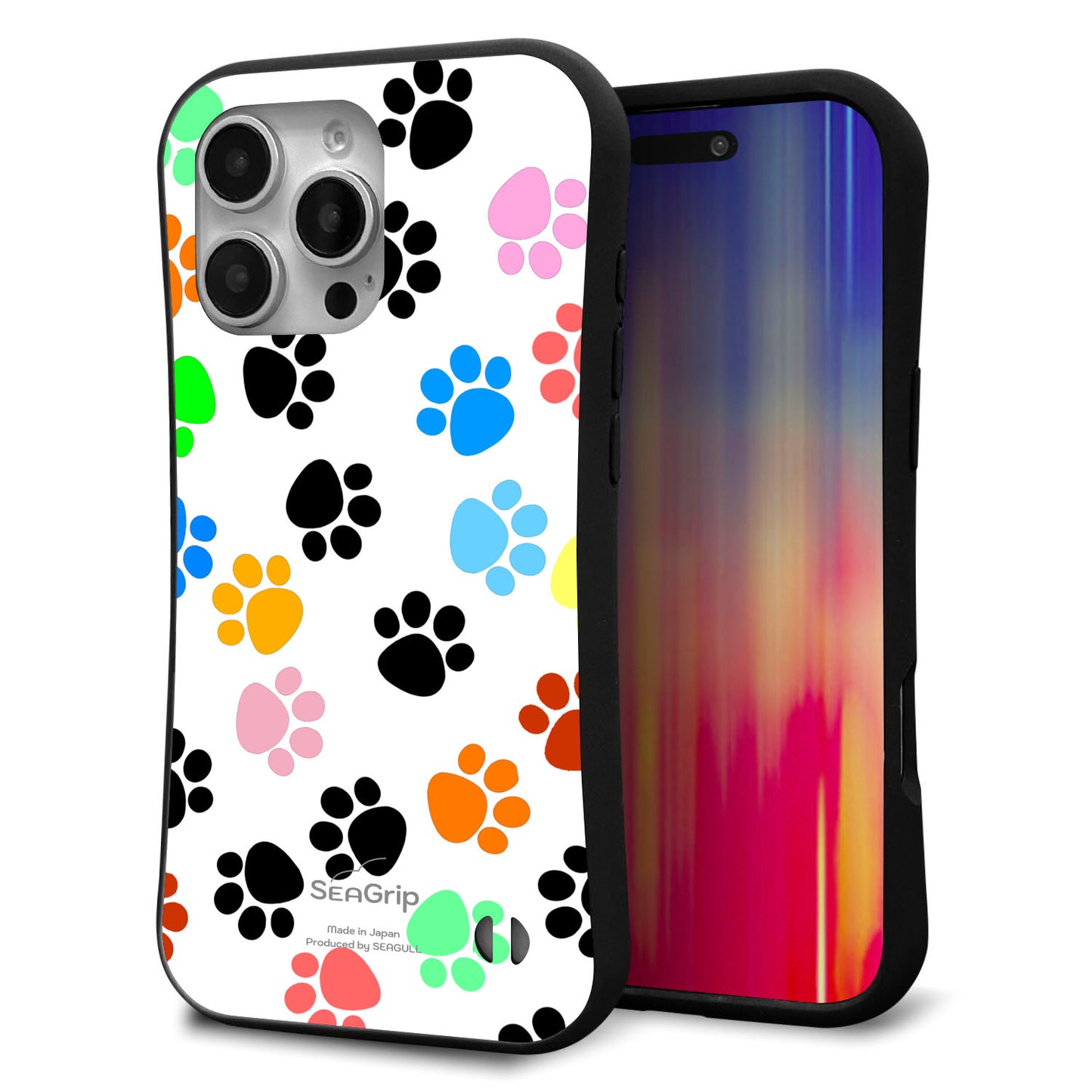 iPhone16 Pro Max スマホケース 「SEA Grip」 グリップケース Sライン 【1108 あしあとカラフル】 UV印刷