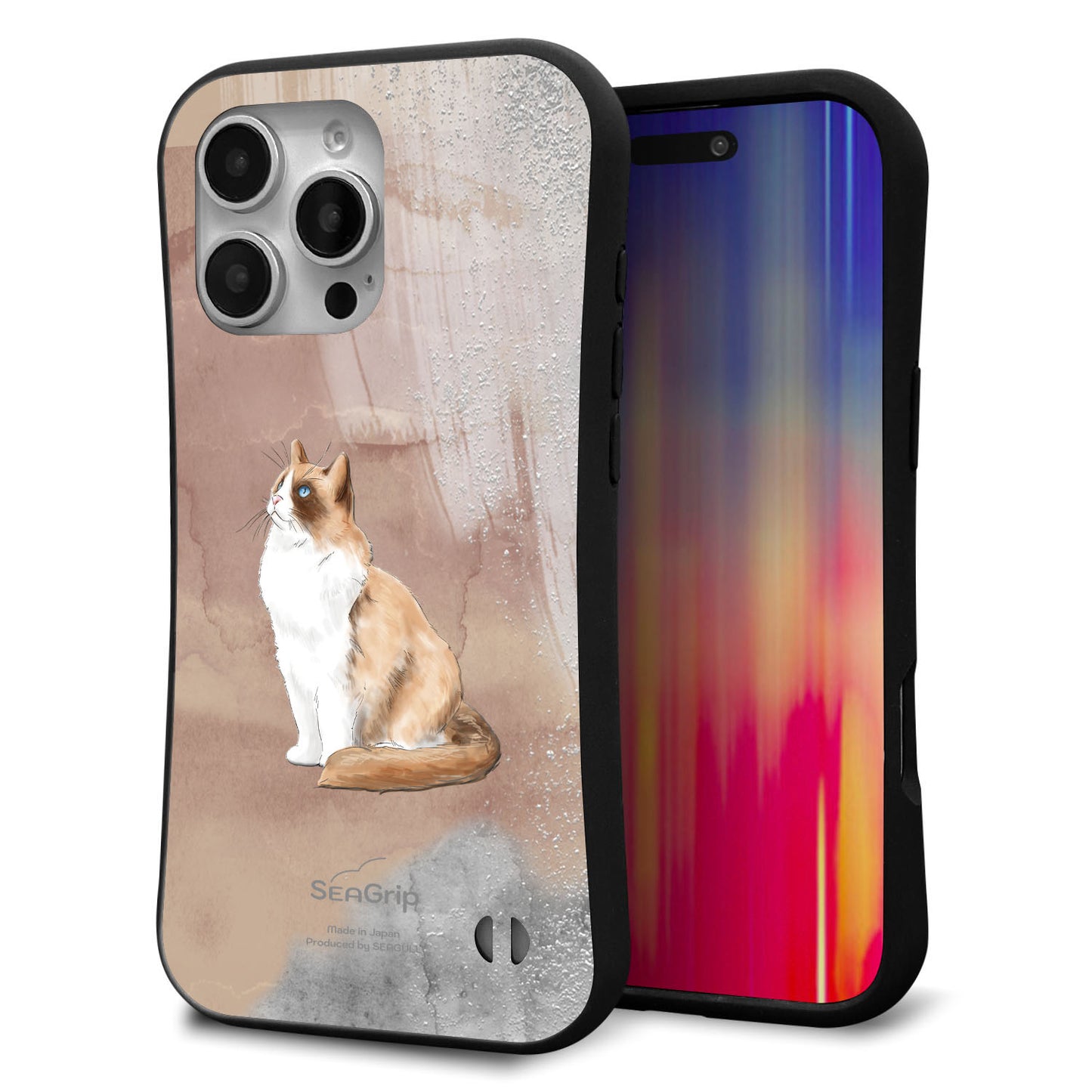 iPhone16 Pro Max スマホケース 「SEA Grip」 グリップケース Sライン 【HA174 ラグドール+くすみカラー】 UV印刷
