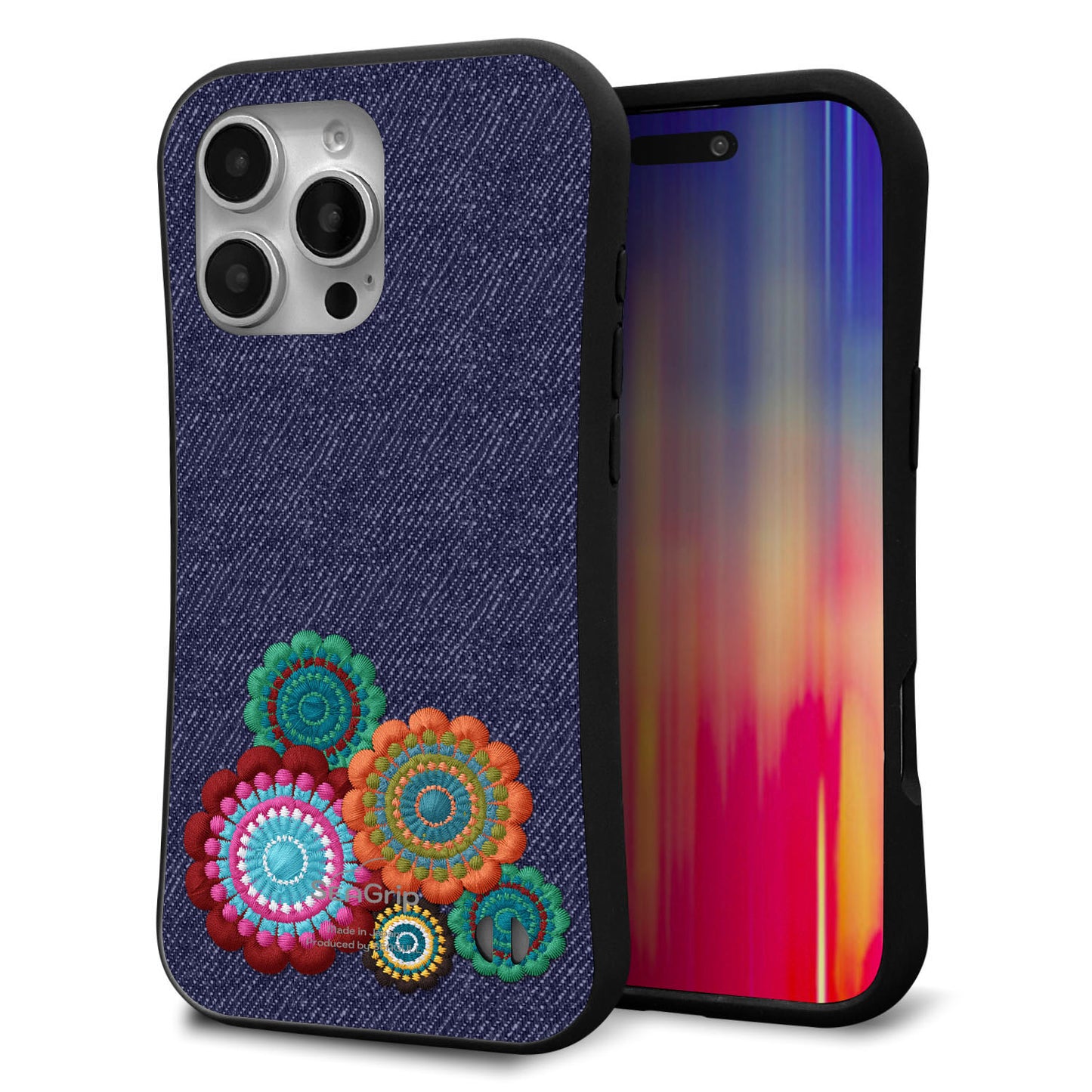 iPhone16 Pro Max スマホケース 「SEA Grip」 グリップケース Sライン 【KM934 エスニックフラワー デニム】 UV印刷