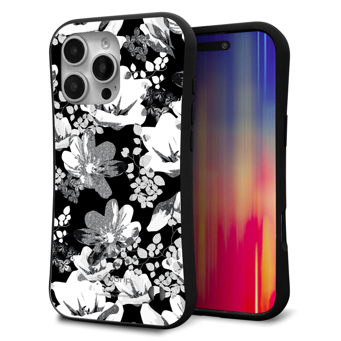 iPhone16 Pro Max スマホケース 「SEA Grip」 グリップケース Sライン 【SC913 花柄モノトーン 02】 UV印刷