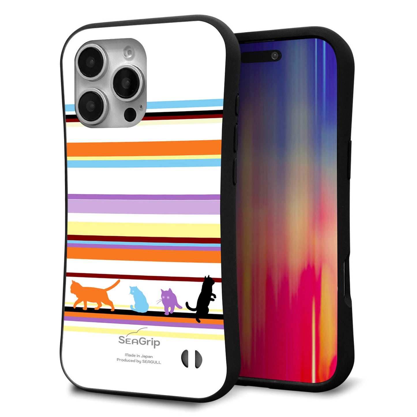 iPhone16 Pro Max スマホケース 「SEA Grip」 グリップケース Sライン 【YA887 ストライプネコ01】 UV印刷