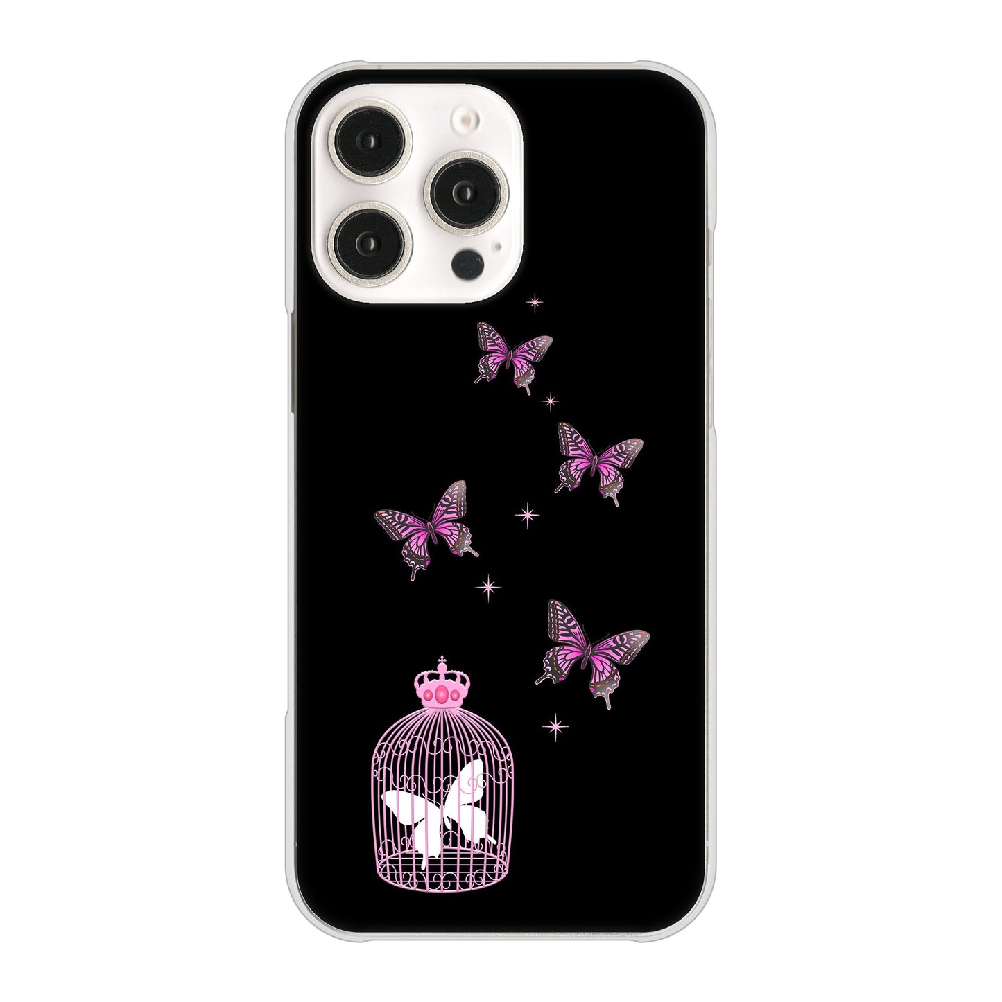 iPhone16 Pro Max 高画質仕上げ 背面印刷 ハードケースむかいあぐる 蝶の王冠鳥かご