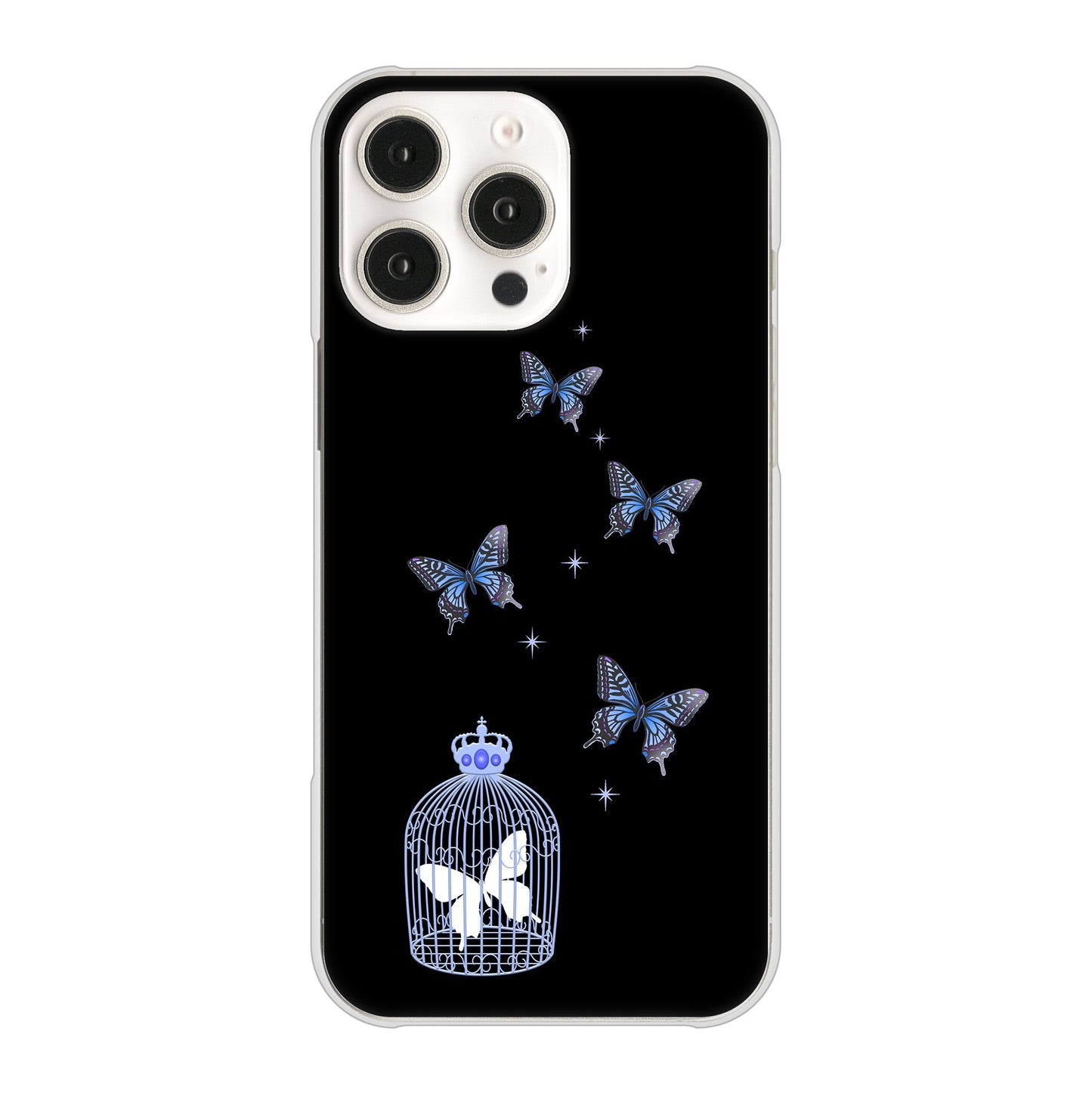 iPhone16 Pro Max 高画質仕上げ 背面印刷 ハードケースむかいあぐる 蝶の王冠鳥かご