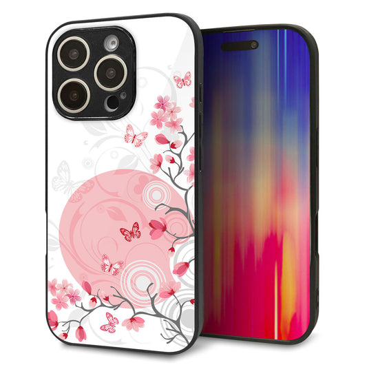 iPhone16 Pro 強化ガラス＆TPUスマホケース ガラプリ【030 花と蝶（うす桃色）】