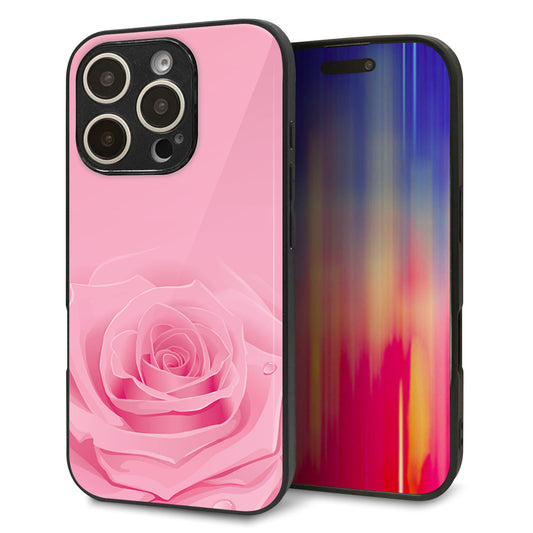 iPhone16 Pro 強化ガラス＆TPUスマホケース ガラプリ【401 ピンクのバラ】
