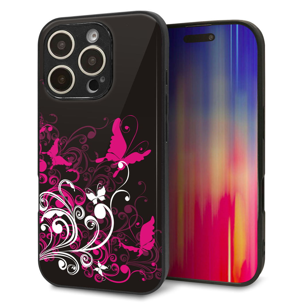 iPhone16 Pro 強化ガラス＆TPUスマホケース ガラプリ【585 闇に舞う蝶】