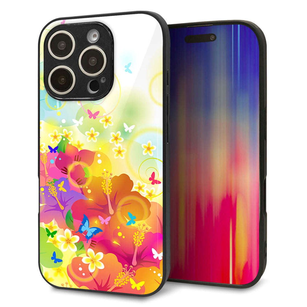 iPhone16 Pro 強化ガラス＆TPUスマホケース ガラプリ【647 ハイビスカスと蝶】