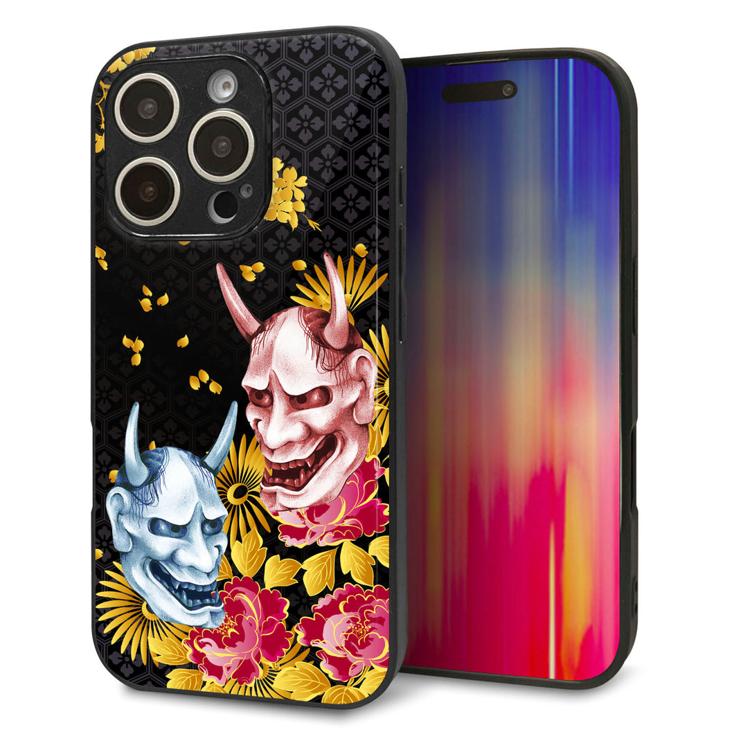 iPhone16 Pro 強化ガラス＆TPUスマホケース ガラプリ【1024 般若と牡丹2】