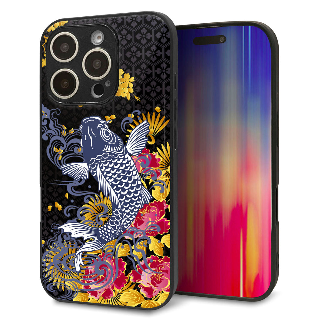 iPhone16 Pro 強化ガラス＆TPUスマホケース ガラプリ【1028 牡丹と鯉】