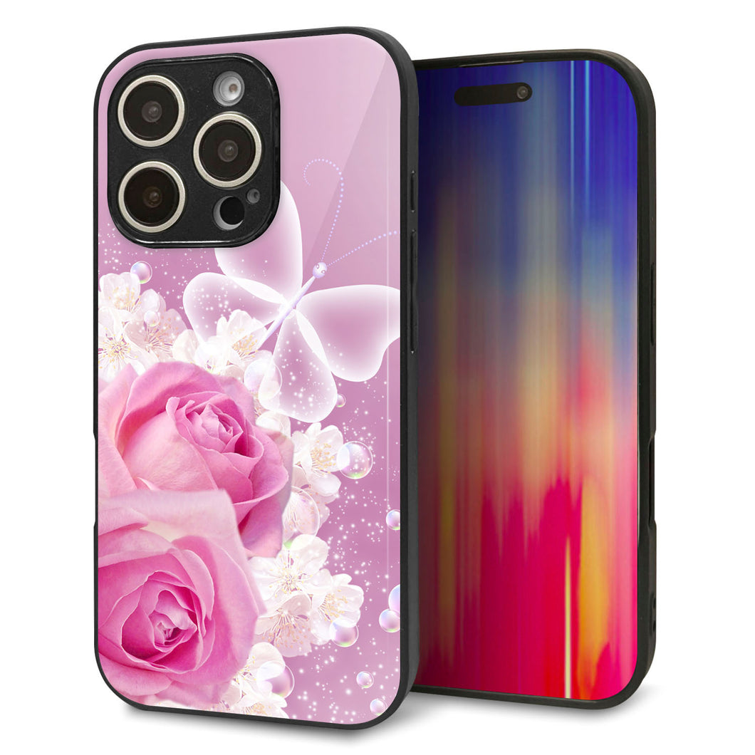 iPhone16 Pro 強化ガラス＆TPUスマホケース ガラプリ【1166 ローズロマンス】