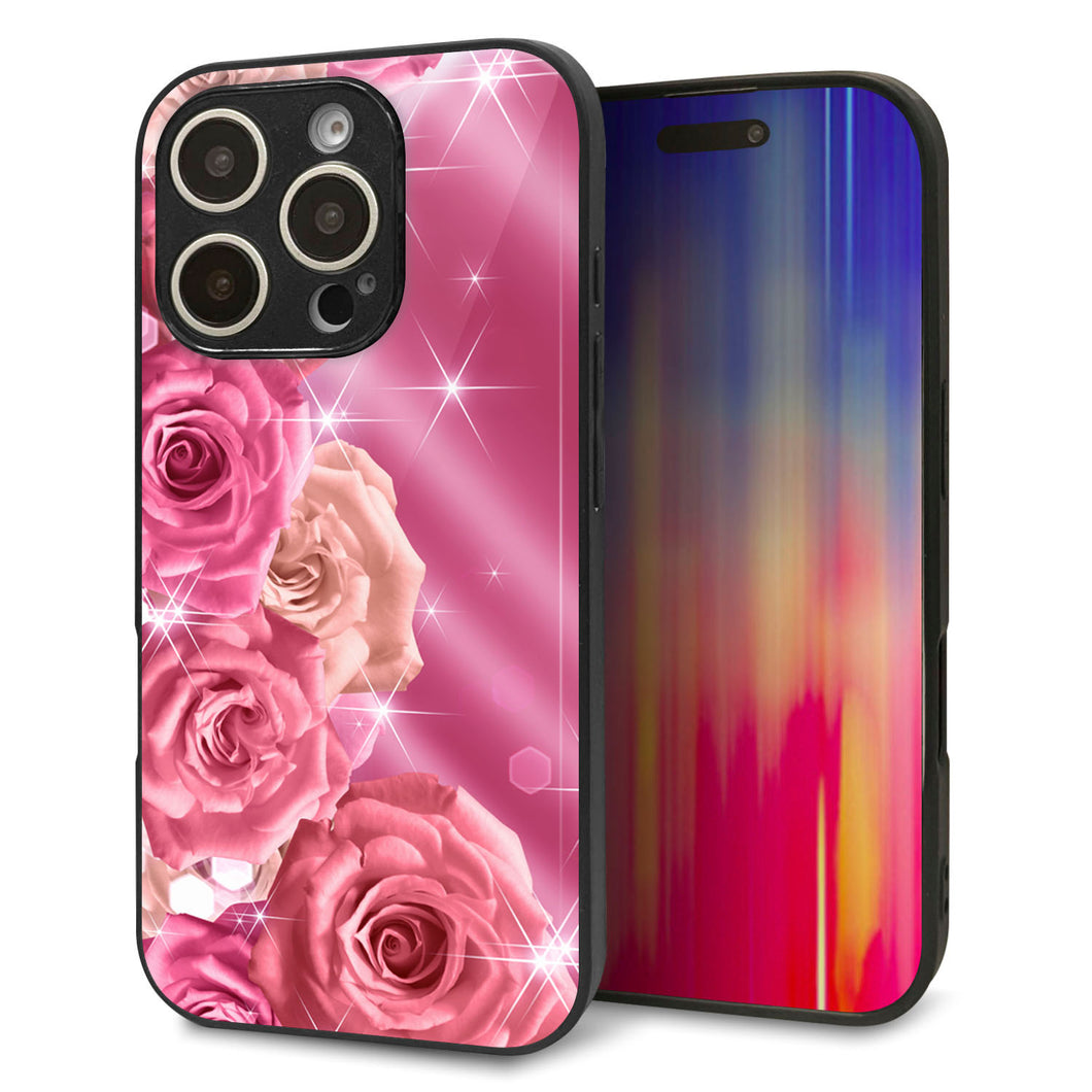 iPhone16 Pro 強化ガラス＆TPUスマホケース ガラプリ【1182 ピンクの薔薇に誘われて】