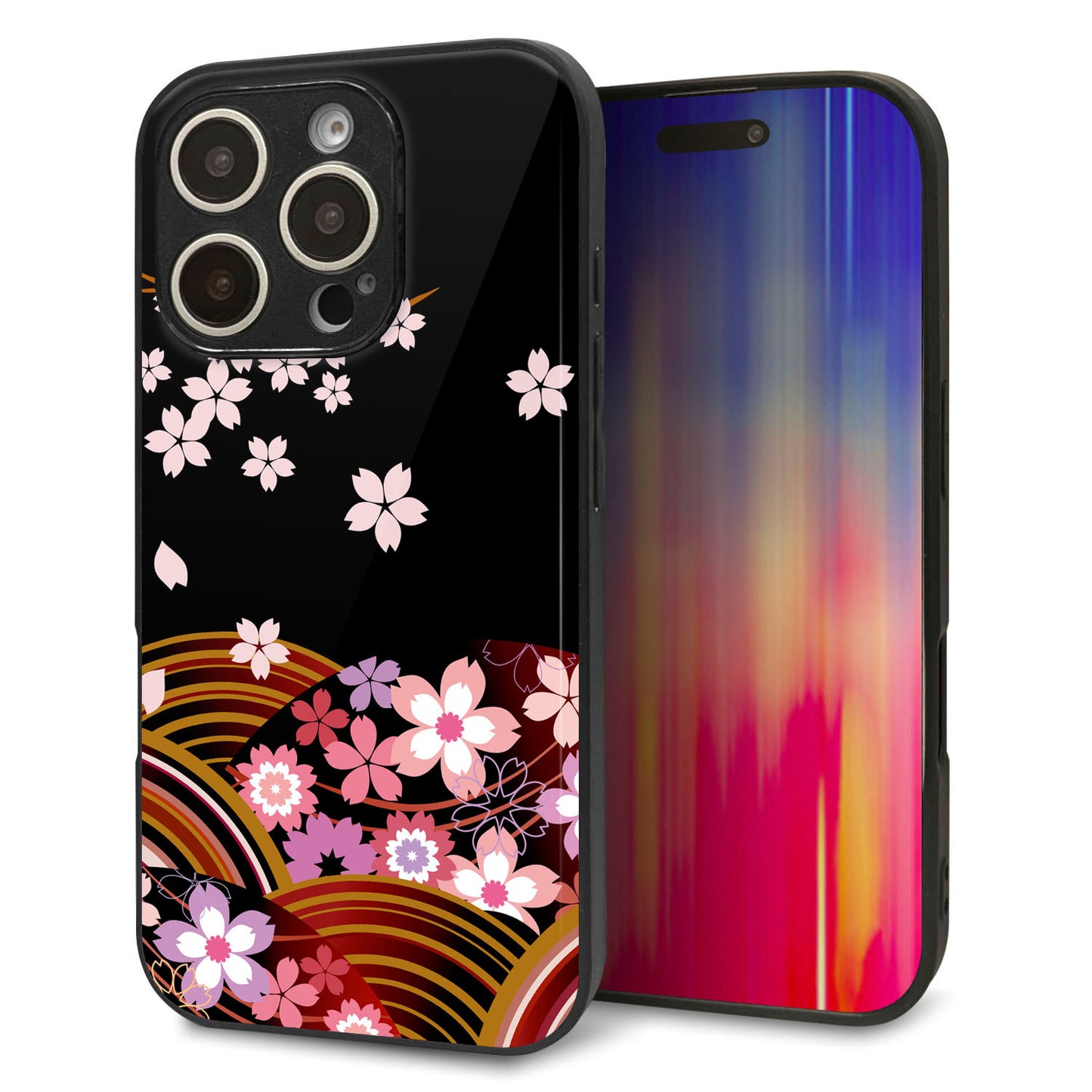 iPhone16 Pro 強化ガラス＆TPUスマホケース ガラプリ【1237 和柄＆筆文字・夜桜の宴】