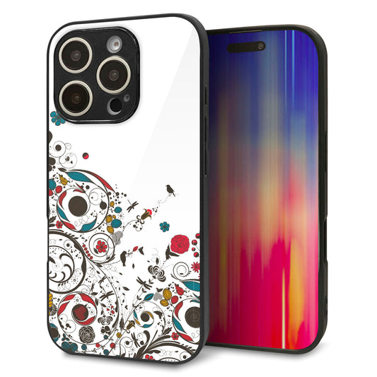 iPhone16 Pro 強化ガラス＆TPUスマホケース ガラプリ【EK908 カラフルな花と鳥】