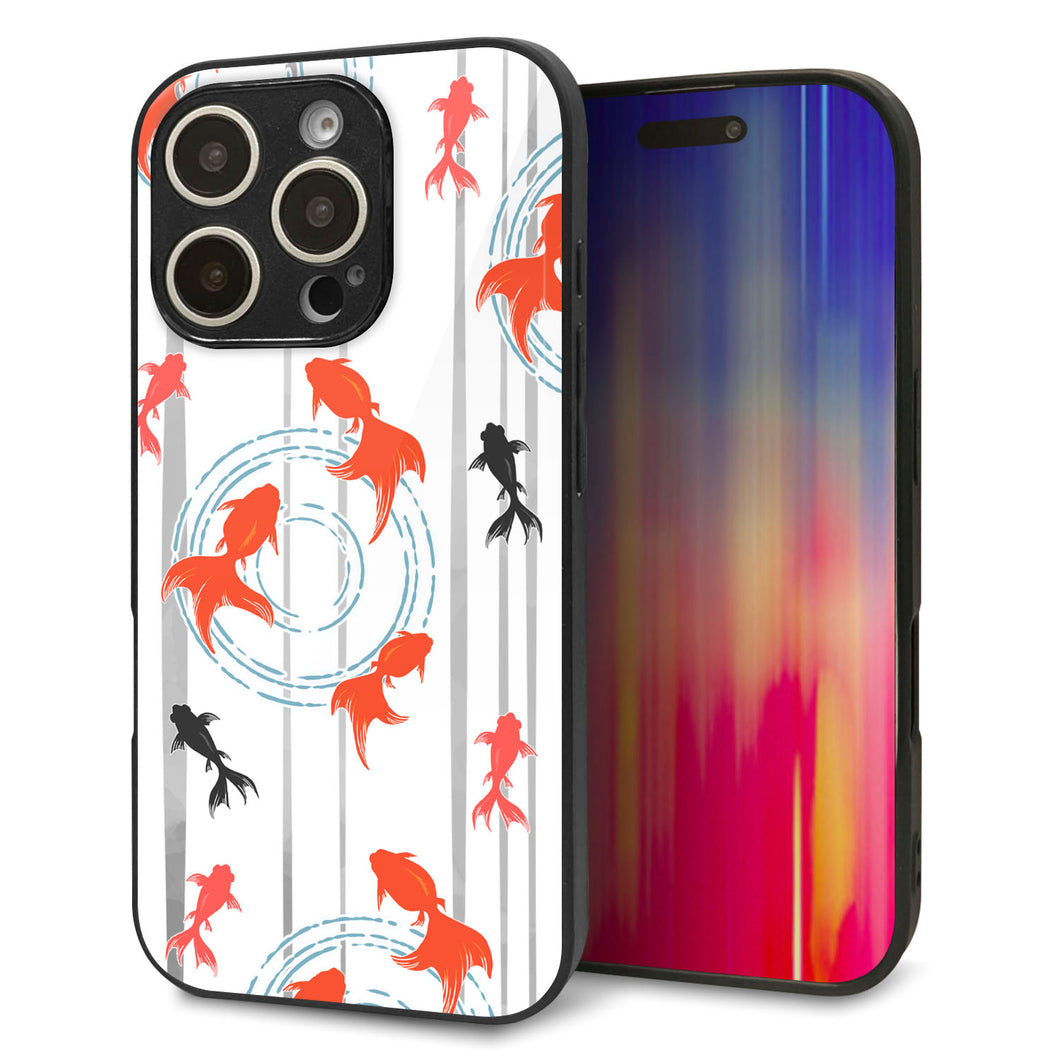iPhone16 Pro 強化ガラス＆TPUスマホケース ガラプリ【HA211 金魚 水彩ストライプ グレー】