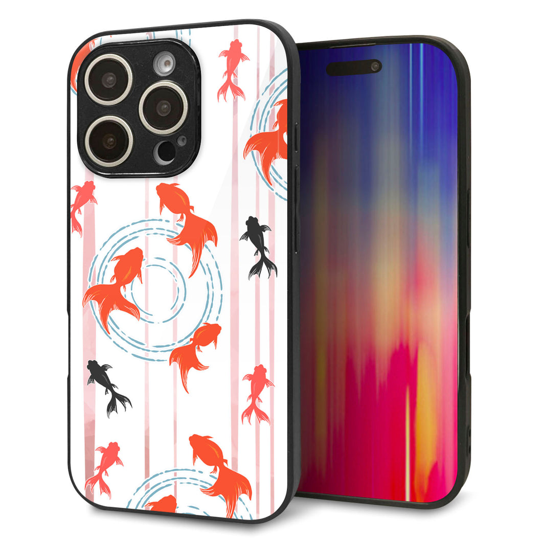 iPhone16 Pro 強化ガラス＆TPUスマホケース ガラプリ【HA212 金魚 水彩ストライプ ピンク】