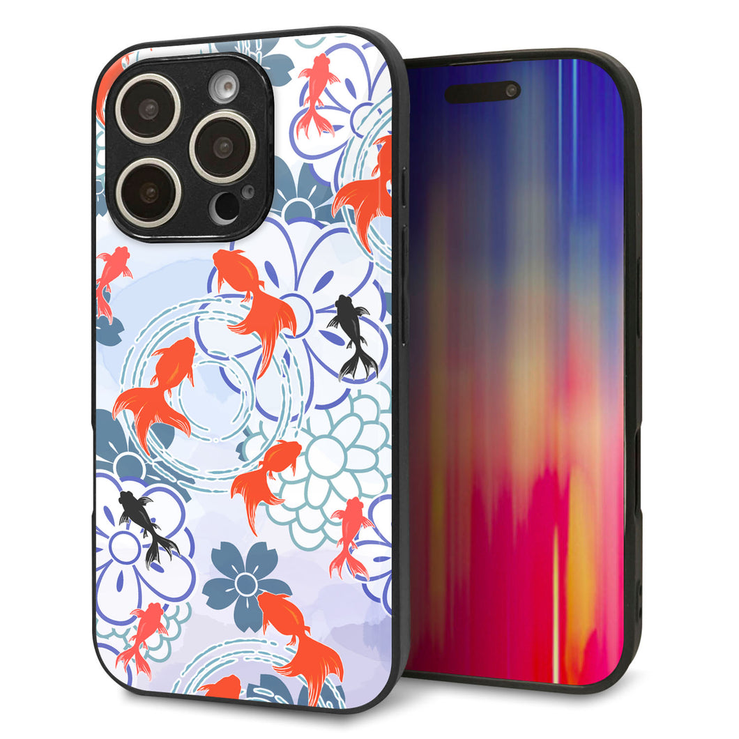 iPhone16 Pro 強化ガラス＆TPUスマホケース ガラプリ【HA215 金魚 花柄 ブルー】